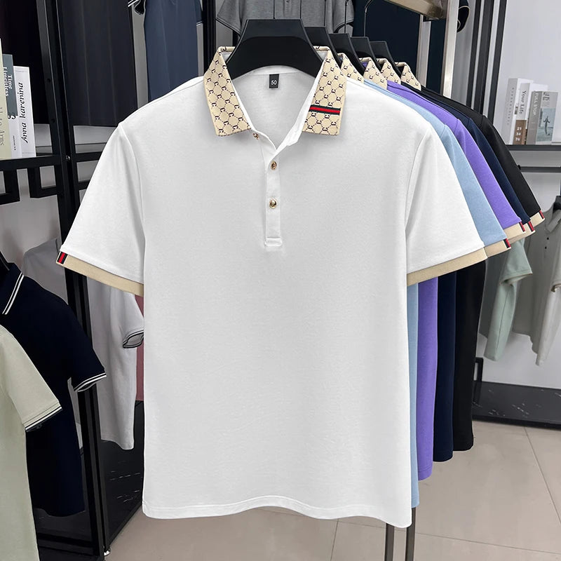 High end designer brand short sleeve men's polo shirt trendy new summer silk cotton breathable golf top business casual T-shirt