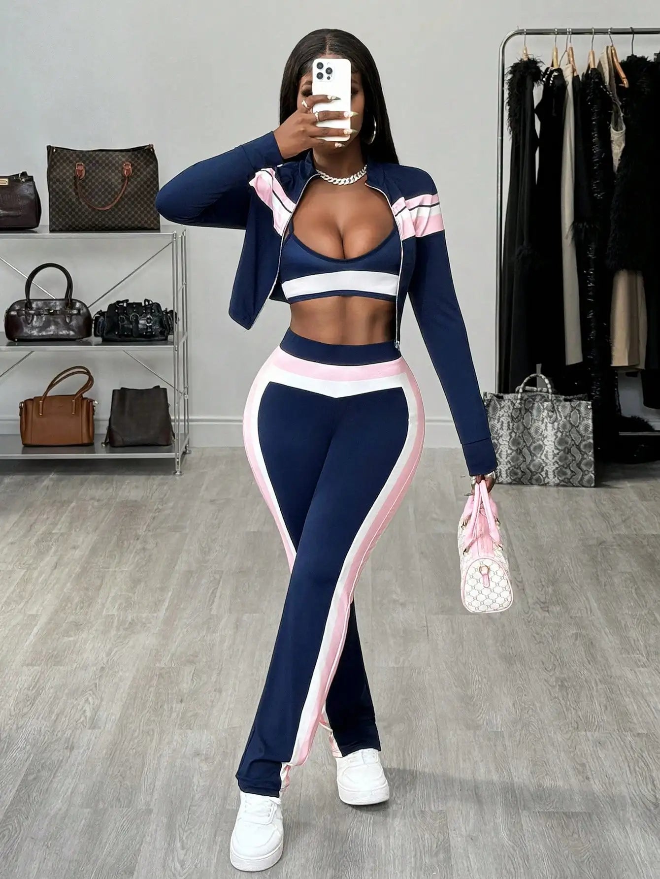 Women's Navy Pink Stripe 3-Piece Set: Zip-Up Jacket, Crop Top & Leggings for Casual Streetwear