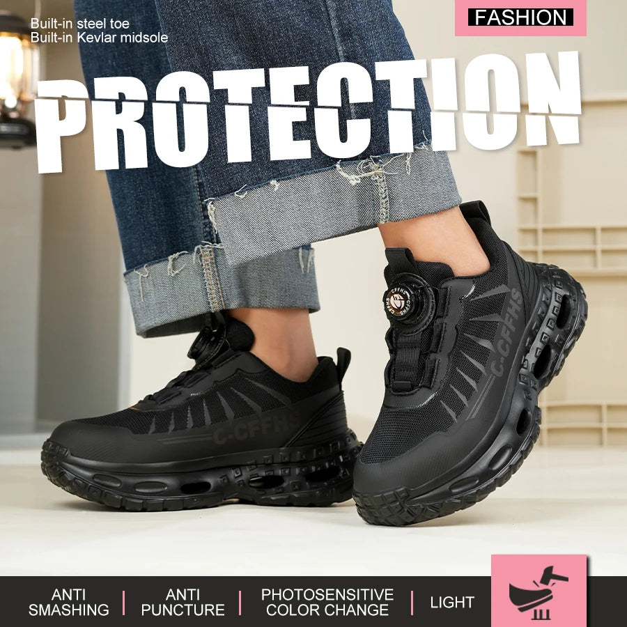 Rotating button Women Safety Shoes Anti-smash Anti puncture Work Shoes Steel toe Boots Protection Shoes Breathable Work Sneakers