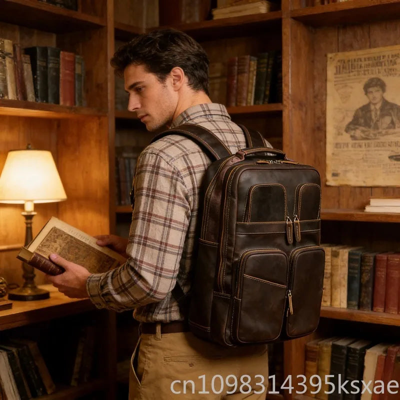 Vintage Retro Genuine Crazy Horse Leather Backpack Large Capacity Travel Rucksack with 14 Inch Laptop Compartment