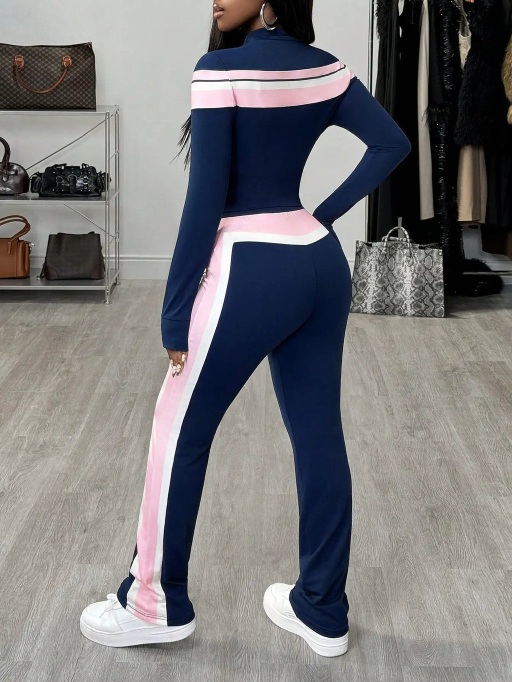Women's Navy Pink Stripe 3-Piece Set: Zip-Up Jacket, Crop Top & Leggings for Casual Streetwear