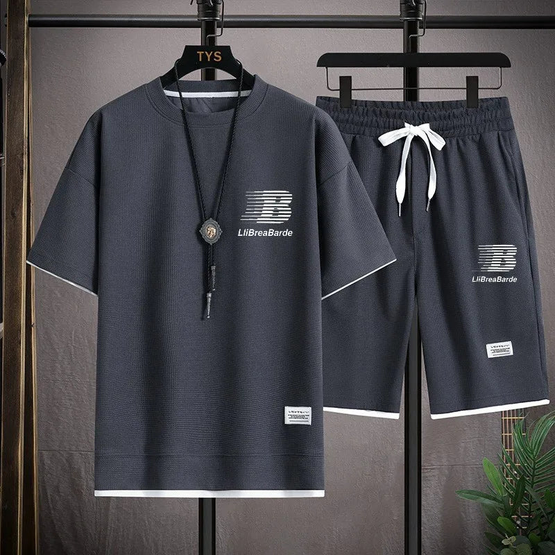 Fashionable casual T-shirt and shorts, suitable for men's sports, simple and comfortable summer waffle suit