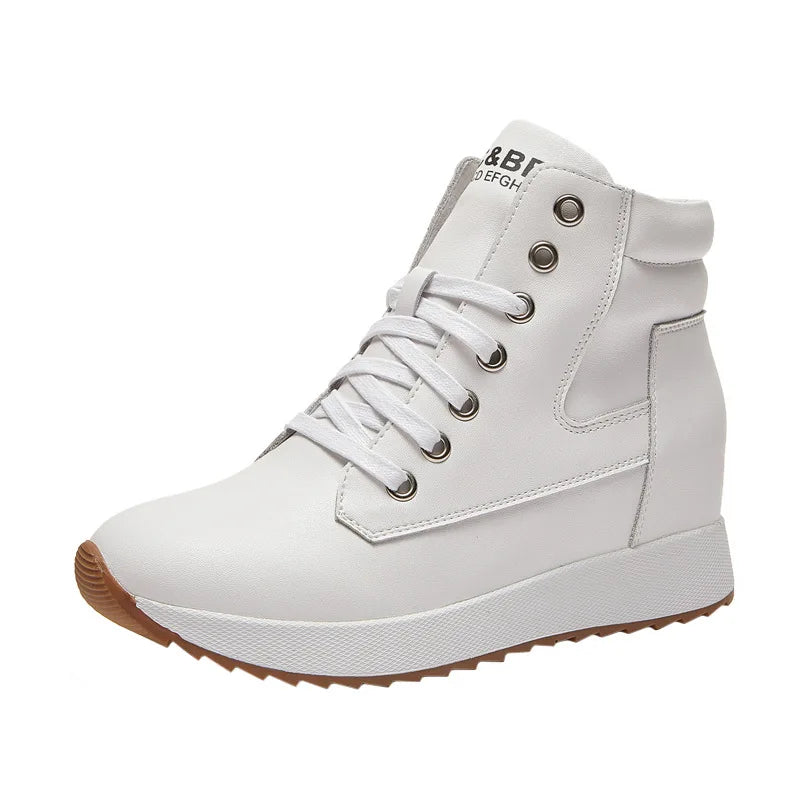 7CM Genuine Leather Women Ankle Booties Platform Wedge Hidden Heels Warm Women Winter Autumn Spring Casual Chunky Sneaker Shoes