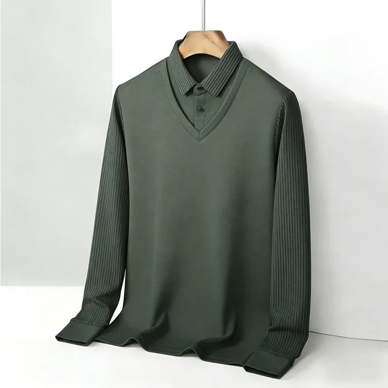Men's Fake Two Piece Shirt Collar V Neck Long Sleeve Top Khaki Striped Casual Fashion Soft Fabric Daily Wear Blouse