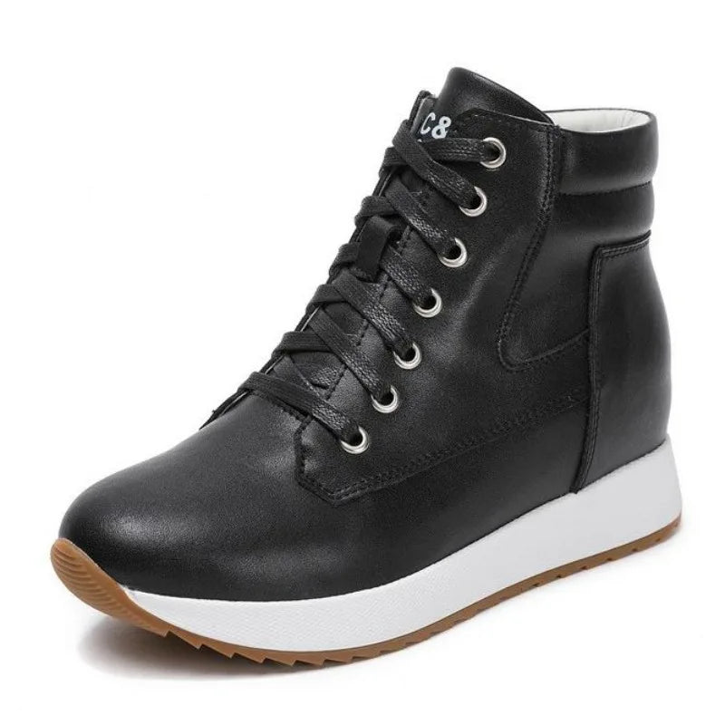 7CM Genuine Leather Women Ankle Booties Platform Wedge Hidden Heels Warm Women Winter Autumn Spring Casual Chunky Sneaker Shoes