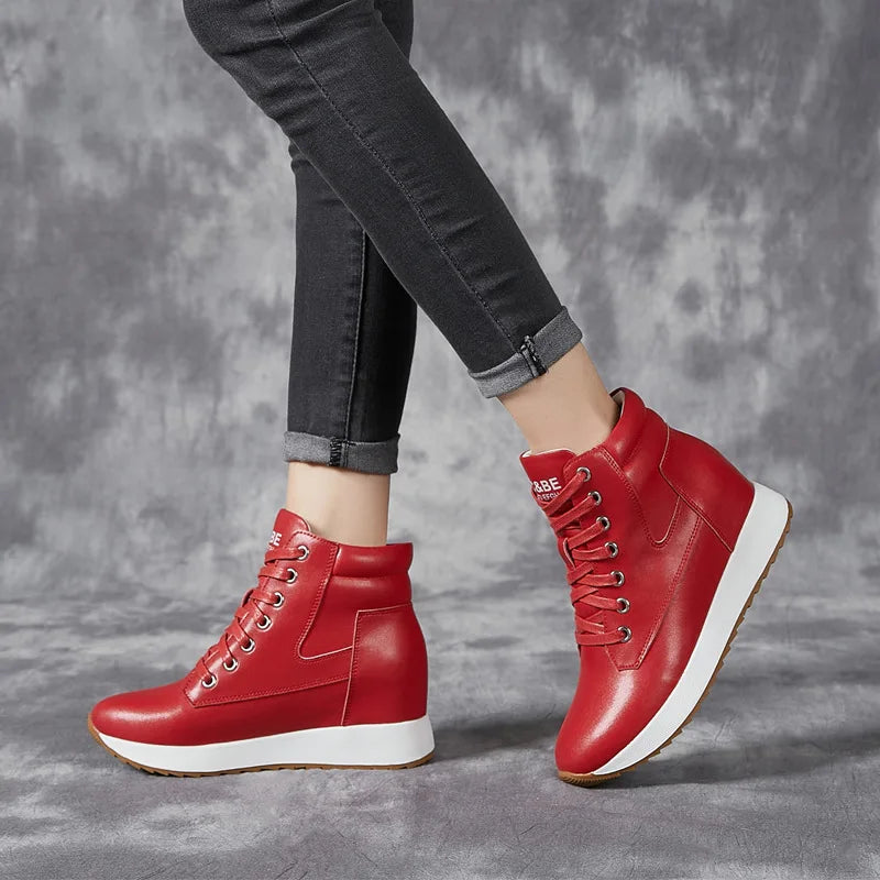 7CM Genuine Leather Women Ankle Booties Platform Wedge Hidden Heels Warm Women Winter Autumn Spring Casual Chunky Sneaker Shoes