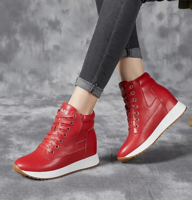 7CM Genuine Leather Women Ankle Booties Platform Wedge Hidden Heels Warm Women Winter Autumn Spring Casual Chunky Sneaker Shoes