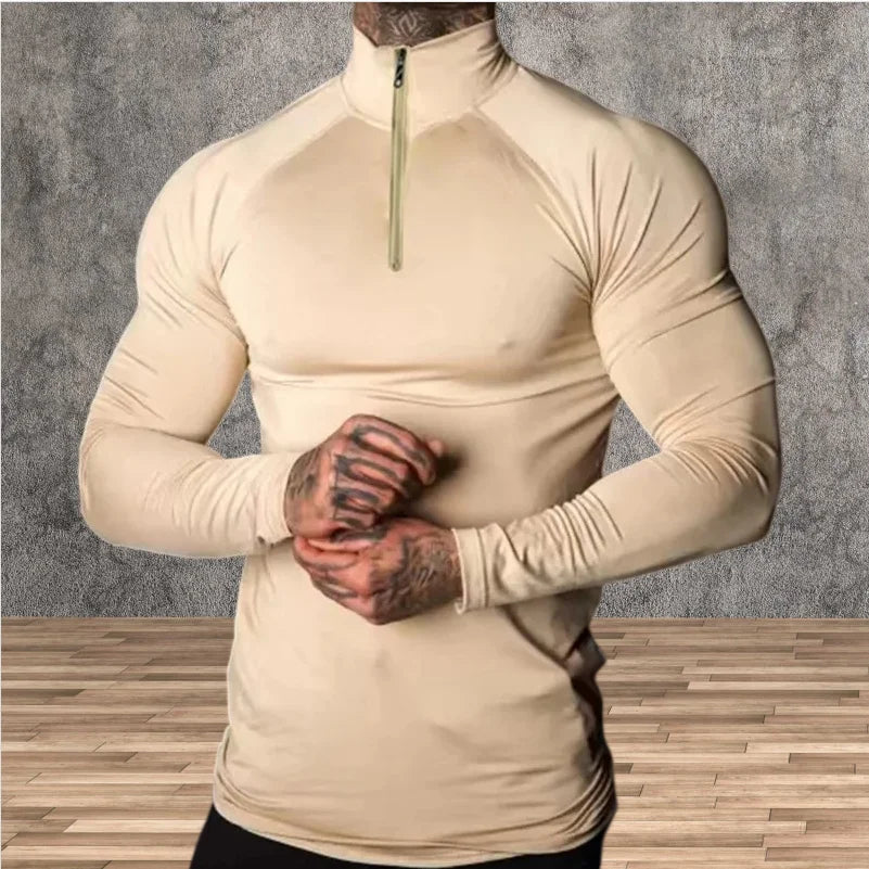 Men Tight T-shirt Gym Running Exercise Elastic Long Sleeves Sweatshirt half zip High neck Tops Fitness Compression Sport T-shirt