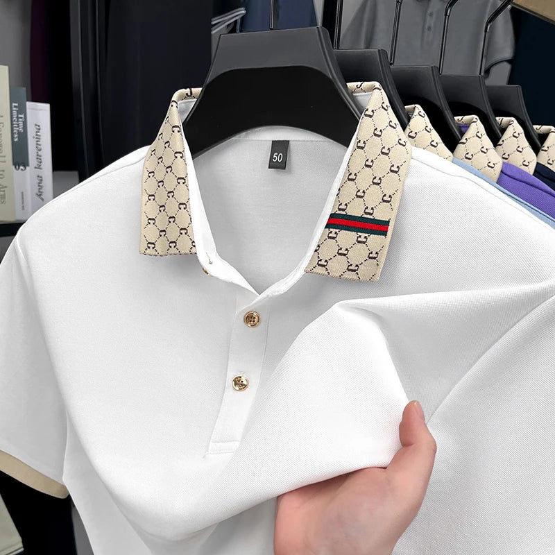 High end designer brand short sleeve men's polo shirt trendy new summer silk cotton breathable golf top business casual T-shirt