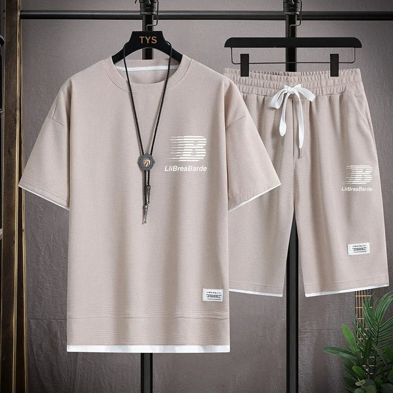 Fashionable casual T-shirt and shorts, suitable for men's sports, simple and comfortable summer waffle suit