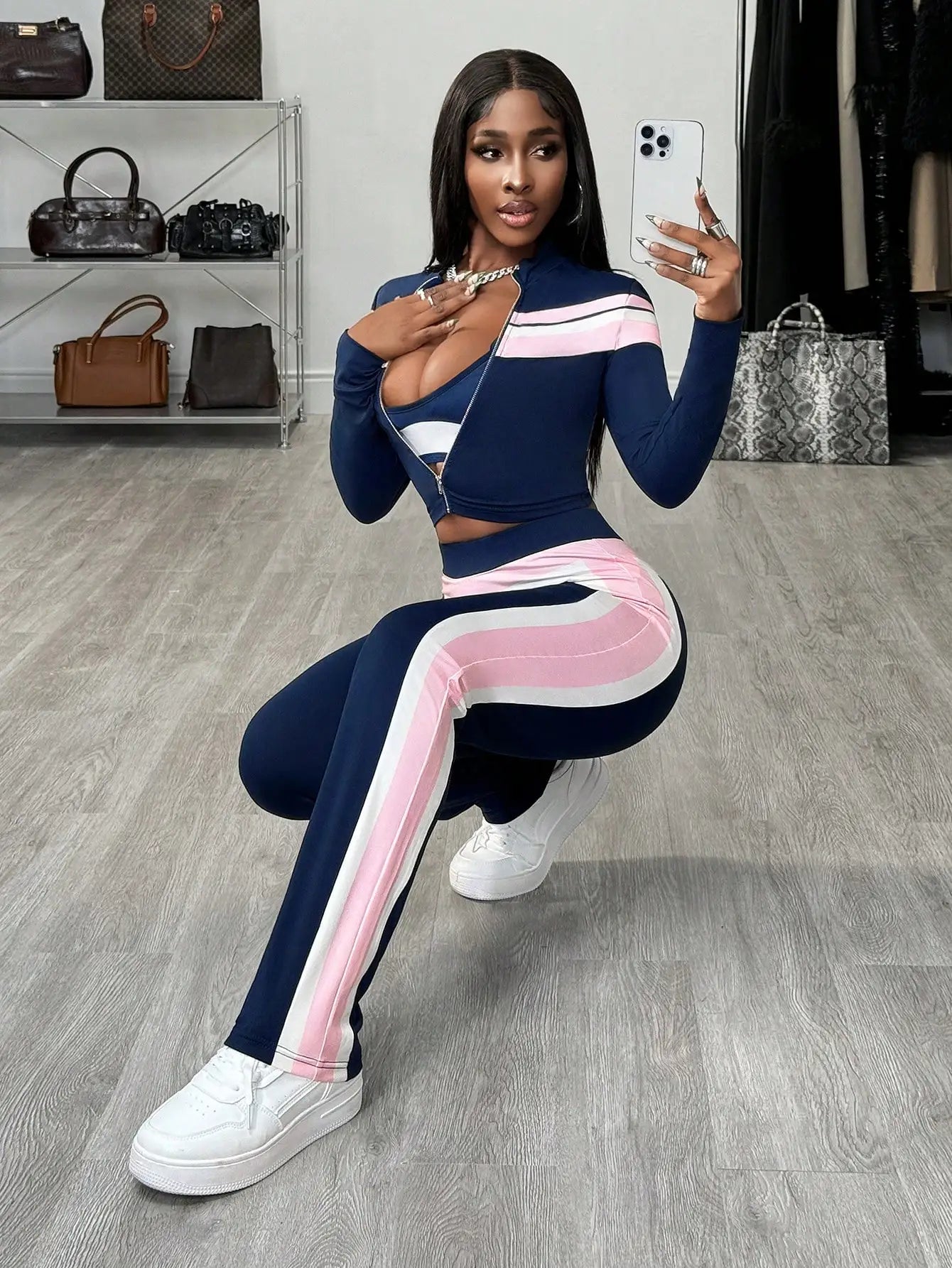 Women's Navy Pink Stripe 3-Piece Set: Zip-Up Jacket, Crop Top & Leggings for Casual Streetwear