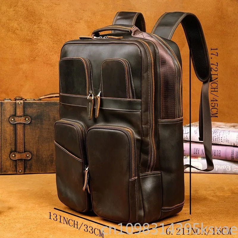 Vintage Retro Genuine Crazy Horse Leather Backpack Large Capacity Travel Rucksack with 14 Inch Laptop Compartment