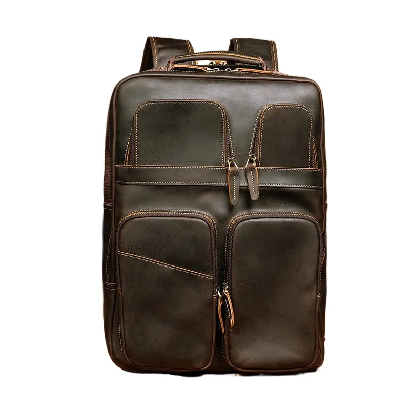 Vintage Retro Genuine Crazy Horse Leather Backpack Large Capacity Travel Rucksack with 14 Inch Laptop Compartment