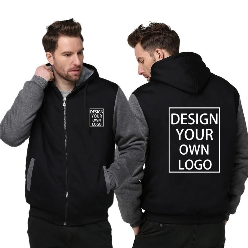 Customized Your Logo Men's Winter Thick Jackets Long Sleeve Zip Up Hoodies Fashion Outdoor Warm Loose Coat Personalized Clothing