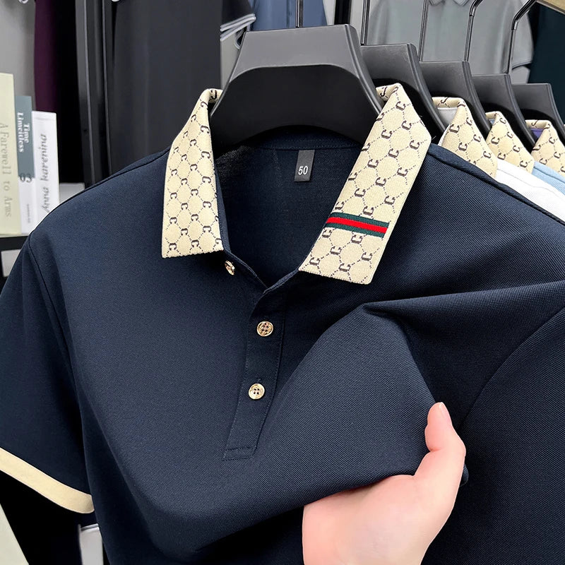 High end designer brand short sleeve men's polo shirt trendy new summer silk cotton breathable golf top business casual T-shirt