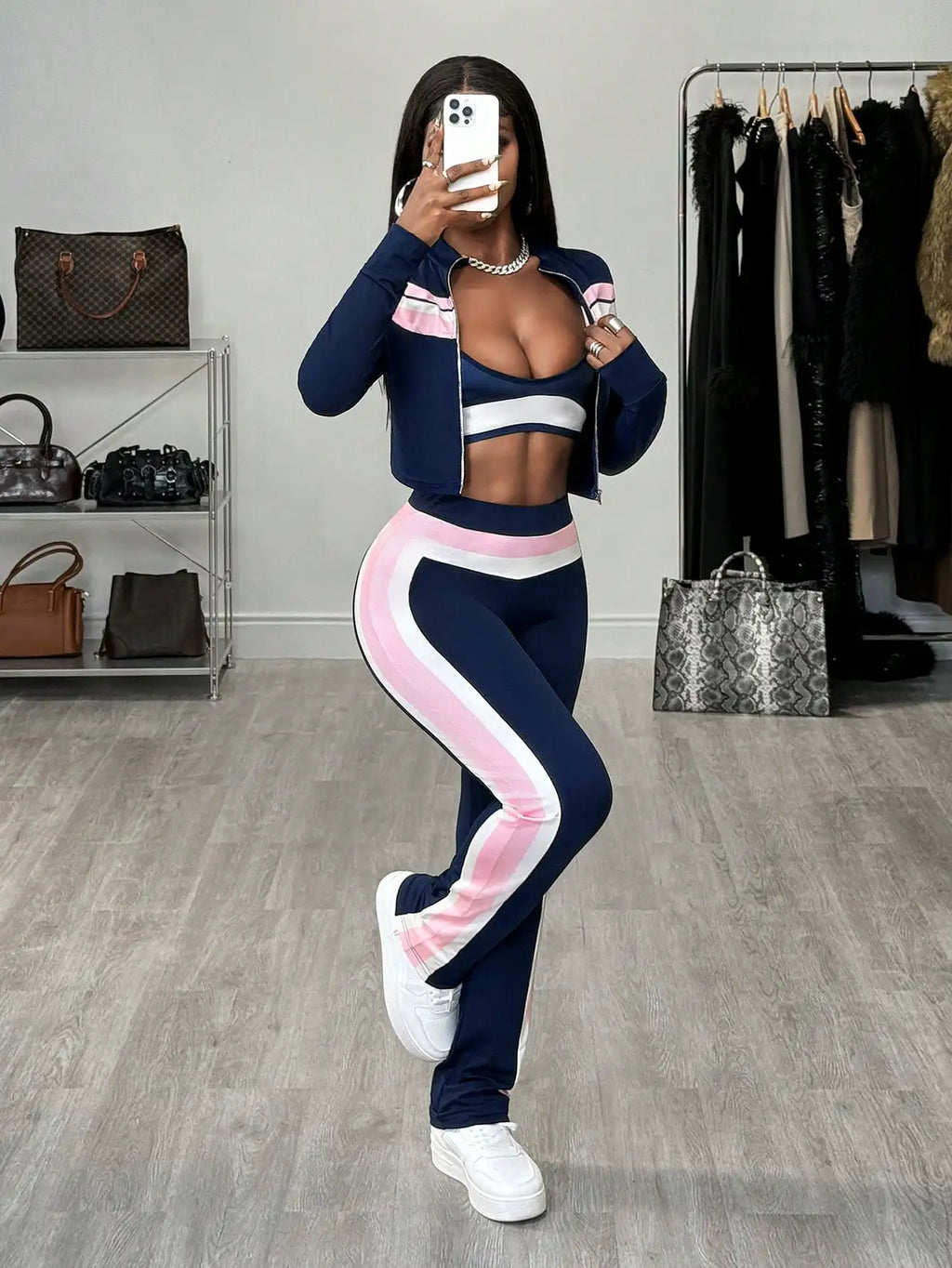 Women's Navy Pink Stripe 3-Piece Set: Zip-Up Jacket, Crop Top & Leggings for Casual Streetwear