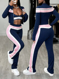 Women's Navy Pink Stripe 3-Piece Set: Zip-Up Jacket, Crop Top & Leggings for Casual Streetwear