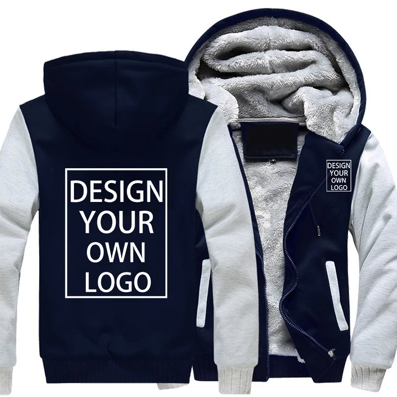 Customized Your Logo Men's Winter Thick Jackets Long Sleeve Zip Up Hoodies Fashion Outdoor Warm Loose Coat Personalized Clothing