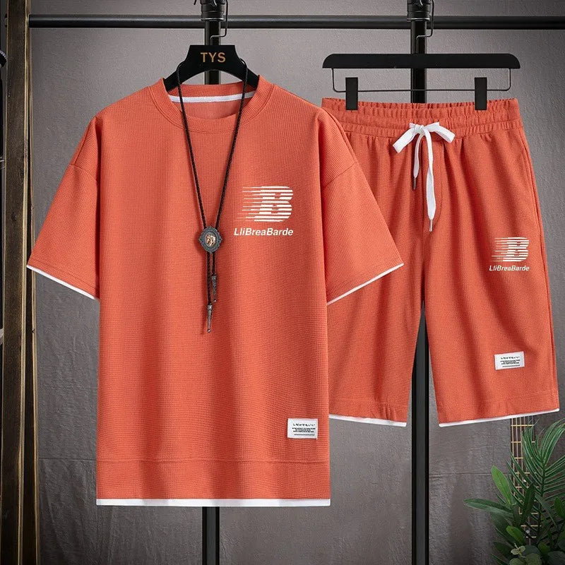 Fashionable casual T-shirt and shorts, suitable for men's sports, simple and comfortable summer waffle suit