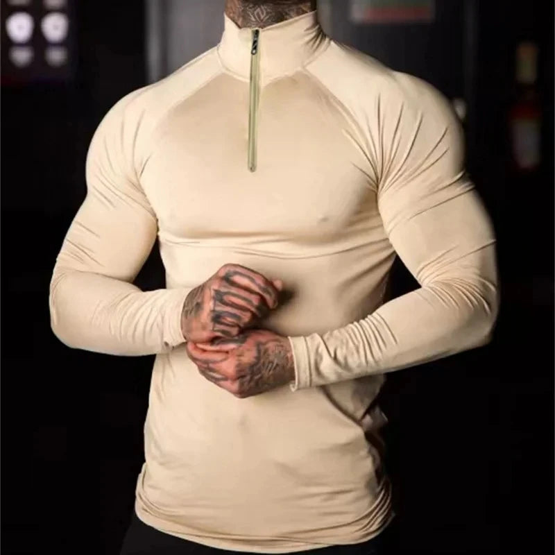 Men Tight T-shirt Gym Running Exercise Elastic Long Sleeves Sweatshirt half zip High neck Tops Fitness Compression Sport T-shirt