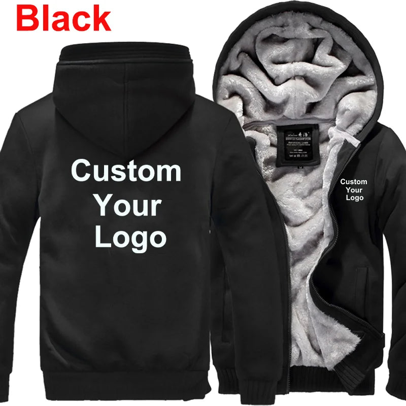 Customized Your Logo Men's Winter Thick Jackets Long Sleeve Zip Up Hoodies Fashion Outdoor Warm Loose Coat Personalized Clothing
