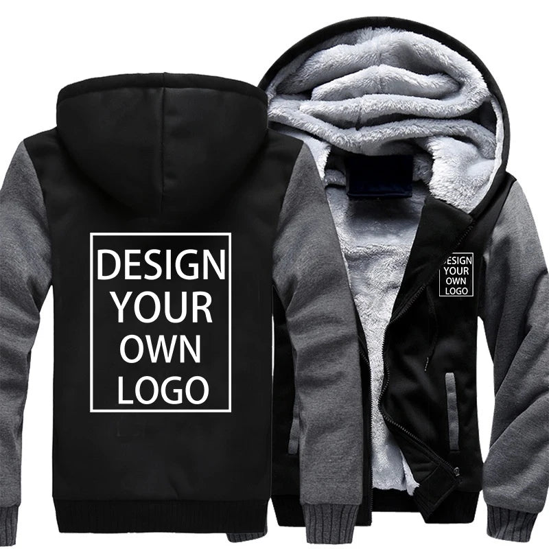 Customized Your Logo Men's Winter Thick Jackets Long Sleeve Zip Up Hoodies Fashion Outdoor Warm Loose Coat Personalized Clothing