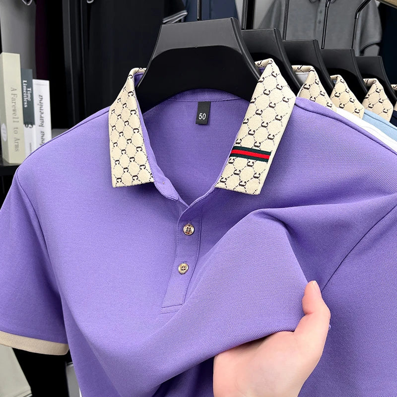 High end designer brand short sleeve men's polo shirt trendy new summer silk cotton breathable golf top business casual T-shirt