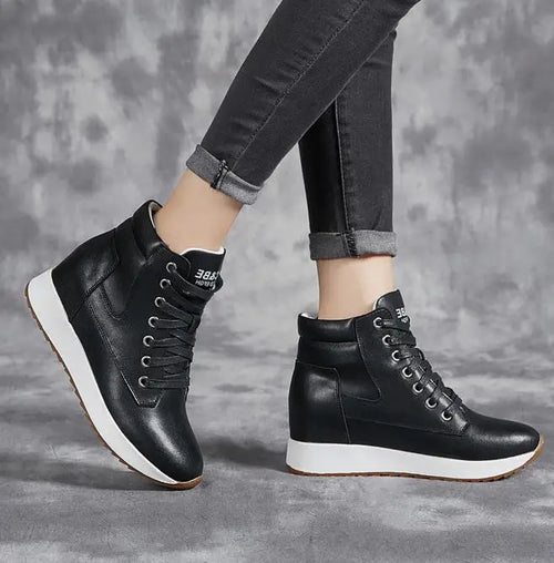 7CM Genuine Leather Women Ankle Booties Platform Wedge Hidden Heels Warm Women Winter Autumn Spring Casual Chunky Sneaker Shoes