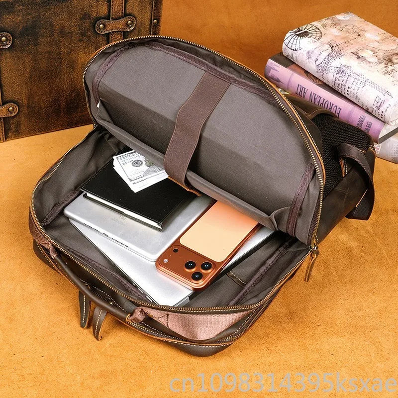 Vintage Retro Genuine Crazy Horse Leather Backpack Large Capacity Travel Rucksack with 14 Inch Laptop Compartment