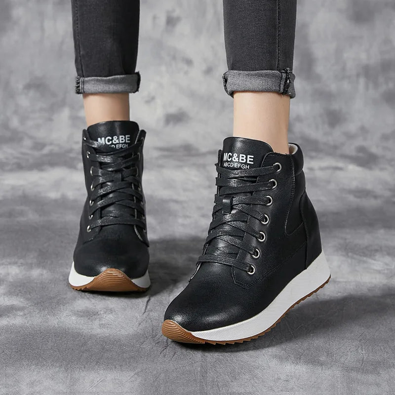 7CM Genuine Leather Women Ankle Booties Platform Wedge Hidden Heels Warm Women Winter Autumn Spring Casual Chunky Sneaker Shoes