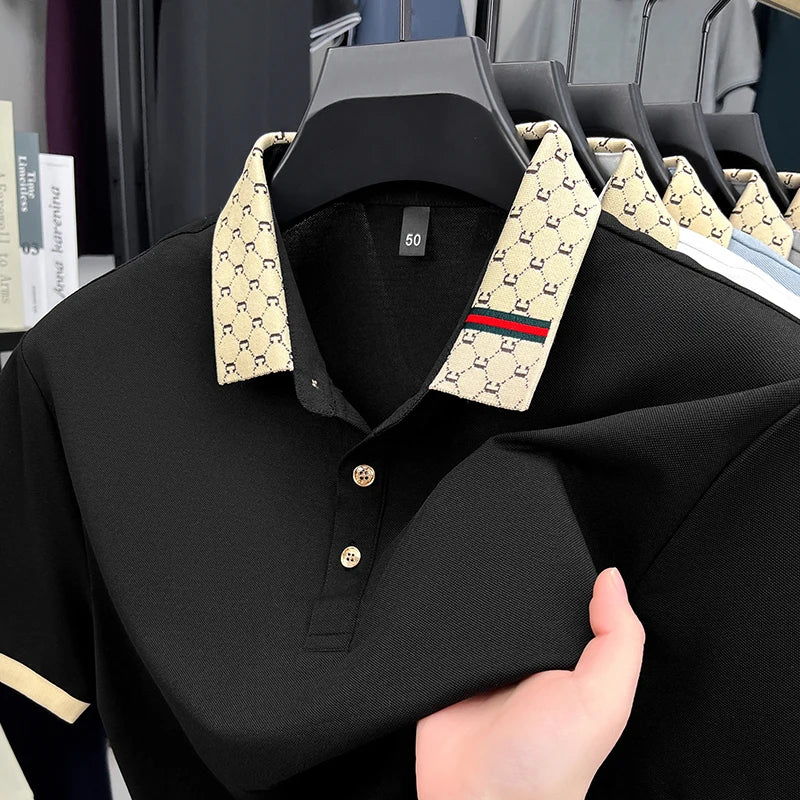 High end designer brand short sleeve men's polo shirt trendy new summer silk cotton breathable golf top business casual T-shirt