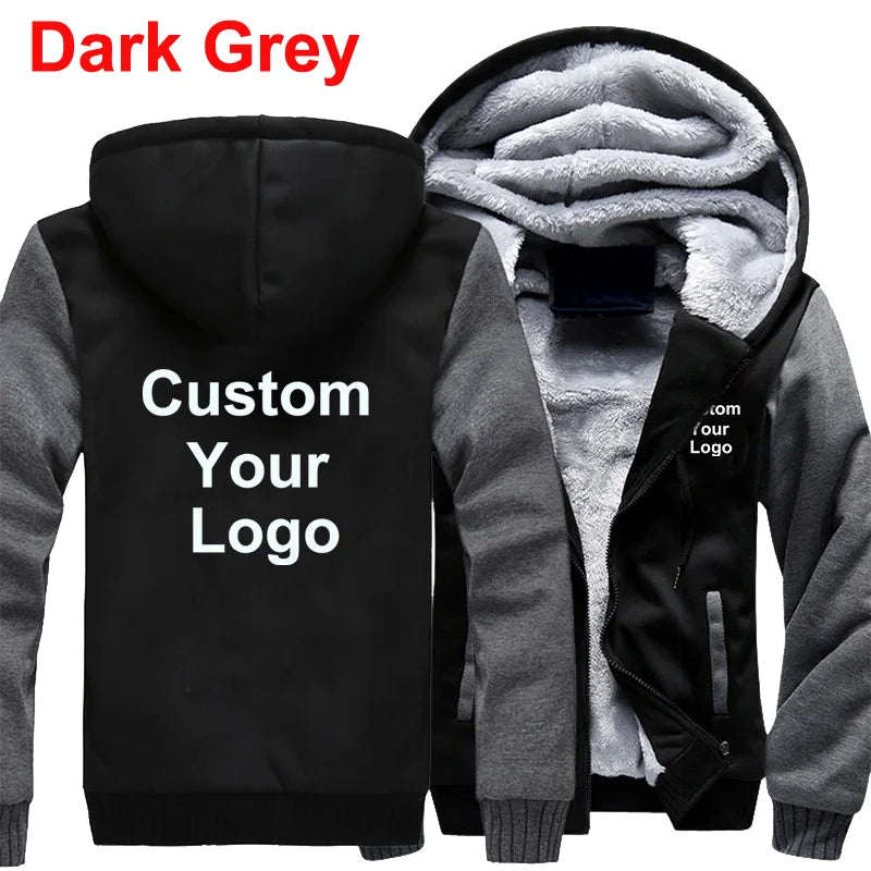 Customized Your Logo Men's Winter Thick Jackets Long Sleeve Zip Up Hoodies Fashion Outdoor Warm Loose Coat Personalized Clothing