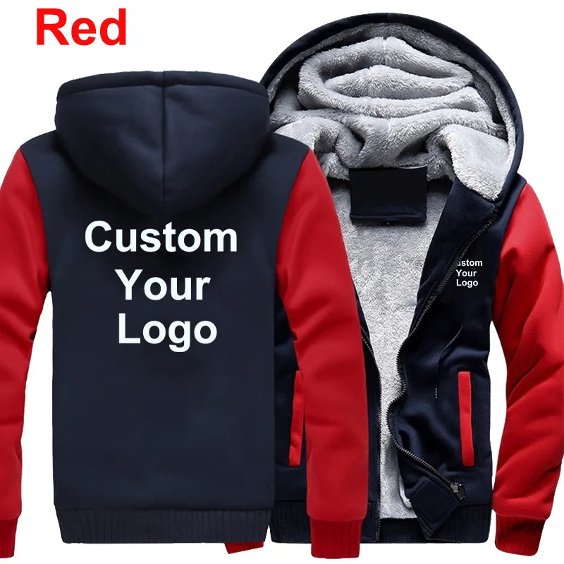 Customized Your Logo Men's Winter Thick Jackets Long Sleeve Zip Up Hoodies Fashion Outdoor Warm Loose Coat Personalized Clothing