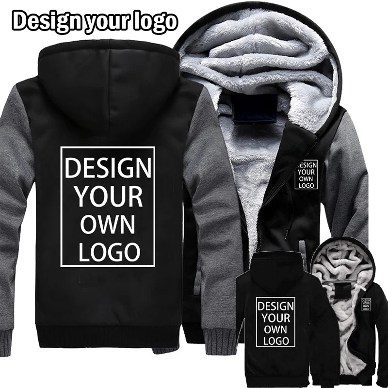 Customized Your Logo Men's Winter Thick Jackets Long Sleeve Zip Up Hoodies Fashion Outdoor Warm Loose Coat Personalized Clothing