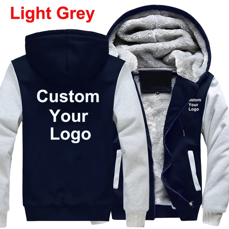 Customized Your Logo Men's Winter Thick Jackets Long Sleeve Zip Up Hoodies Fashion Outdoor Warm Loose Coat Personalized Clothing