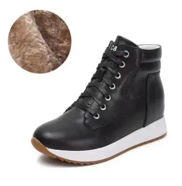 7CM Genuine Leather Women Ankle Booties Platform Wedge Hidden Heels Warm Women Winter Autumn Spring Casual Chunky Sneaker Shoes