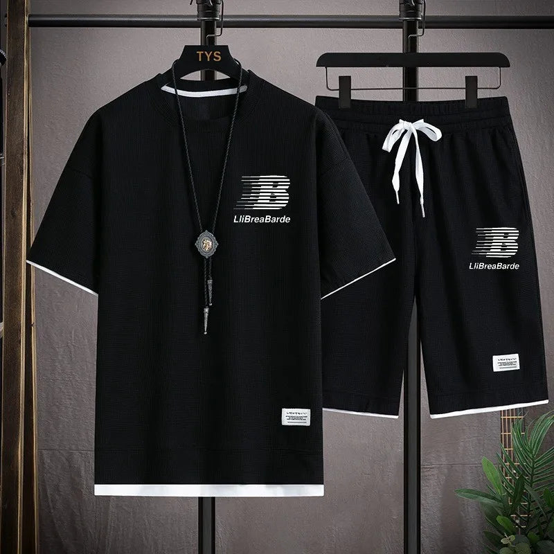 Fashionable casual T-shirt and shorts, suitable for men's sports, simple and comfortable summer waffle suit
