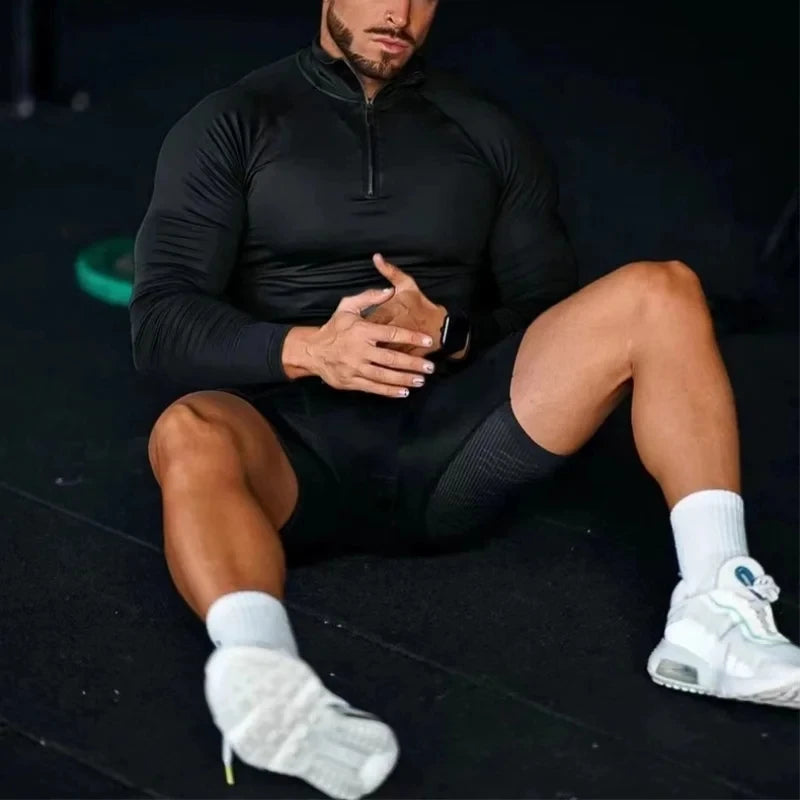 Men Tight T-shirt Gym Running Exercise Elastic Long Sleeves Sweatshirt half zip High neck Tops Fitness Compression Sport T-shirt