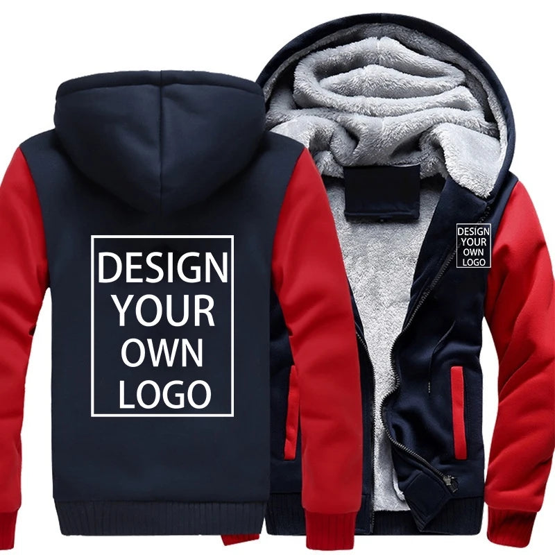 Customized Your Logo Men's Winter Thick Jackets Long Sleeve Zip Up Hoodies Fashion Outdoor Warm Loose Coat Personalized Clothing
