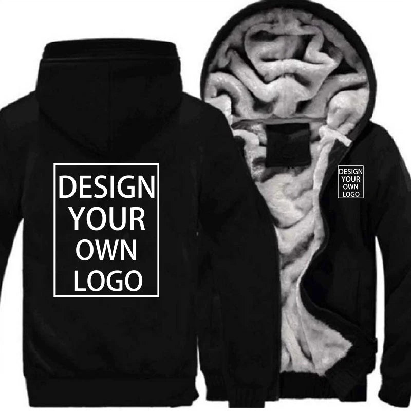 Customized Your Logo Men's Winter Thick Jackets Long Sleeve Zip Up Hoodies Fashion Outdoor Warm Loose Coat Personalized Clothing