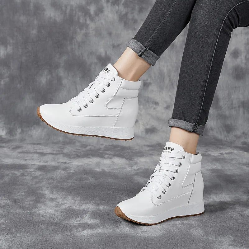 7CM Genuine Leather Women Ankle Booties Platform Wedge Hidden Heels Warm Women Winter Autumn Spring Casual Chunky Sneaker Shoes