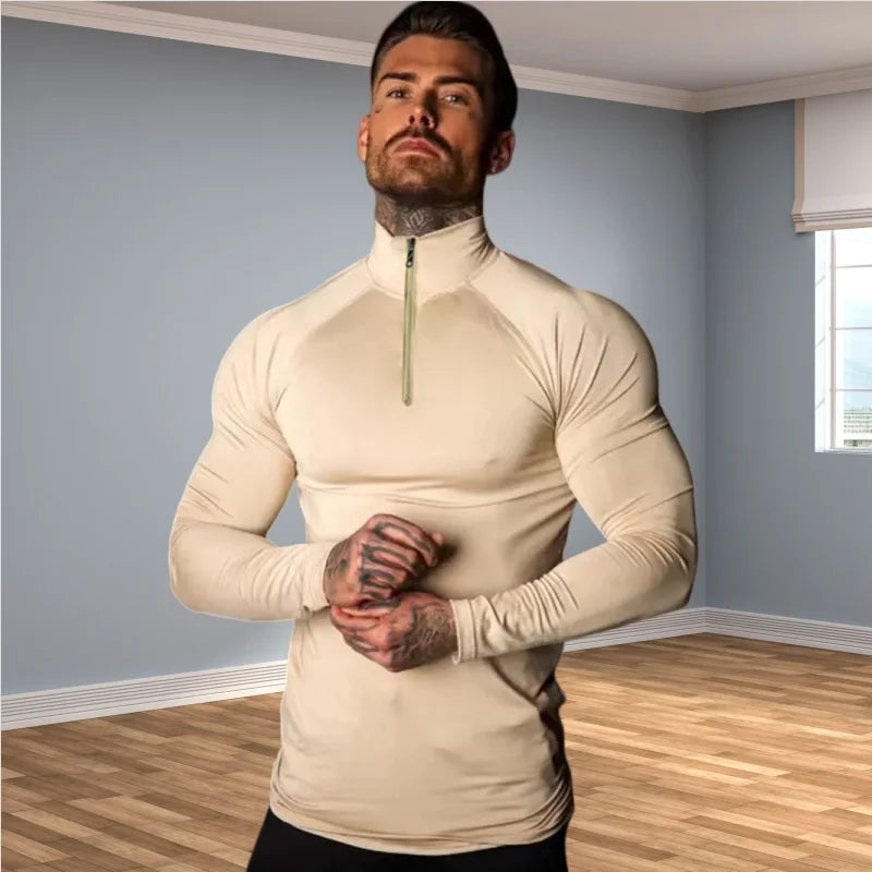 Men Tight T-shirt Gym Running Exercise Elastic Long Sleeves Sweatshirt half zip High neck Tops Fitness Compression Sport T-shirt